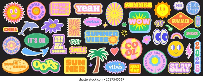 Cool Set Of Summer Stickers Y2k Vector Design. Trendy Groovy Sun Patches. Funny Comic Elements. Organic Shapes. Pop Art Cute Smile Characters.