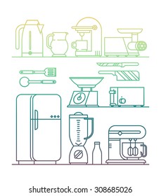 Cool set of trendy linear icons on essential kitchen appliances | Thin line contour illustrations on electric mixer, fridge, kettle, meat grinder, toaster, blender, coffee maker machine and more