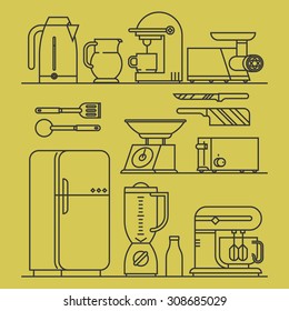 Cool set of trendy linear icons on essential kitchen appliances | Thin line contour illustrations on electric mixer, fridge, kettle, meat grinder, toaster, blender, coffee maker machine and more