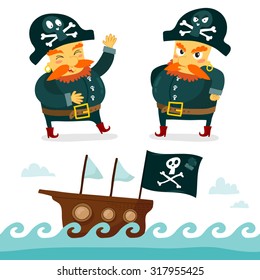 Cool set of two pirate characters - happy and angry - and cute sea background with Jolly Roger flag, isolated on white