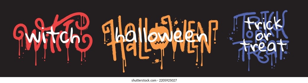 Cool set of Urban typography street art graffiti arts. halloween, Trick or treat and Withc - slogans with spray splash effect. Halloween party concept.1980s-1990s vintage style. Vector design.