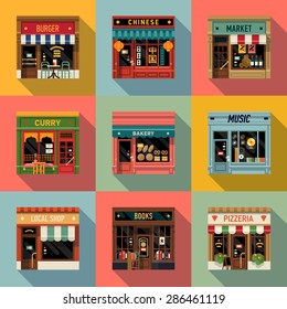 Cool set of vector detailed flat design restaurants and shops facade icons. Ideal for restaurant business web publications and graphic design 