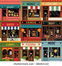 Cool set of vector detailed flat design restaurants and shops facade icons. Ideal for restaurant business web publications and graphic design 