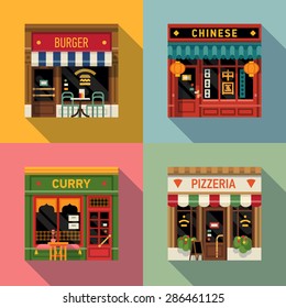 Cool set of vector detailed flat design restaurants facade icons. Burger, Chinese food, Indian curry and Italian pizzeria fronts. Ideal for restaurant business web publications and graphic design 