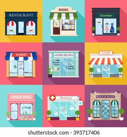 Cool set of vector detailed flat design restaurants and shops facade icons. Ideal for business web publications and graphic. 