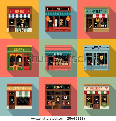 Cool set of vector detailed flat design restaurants and shops facade icons. Ideal for restaurant business web publications and graphic design 