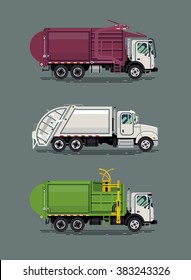 Cool set of vector flat design garbage trucks. Front, side and rear loader heavy waste trucks isolated