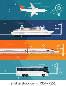 Cool set of vector flat design banner templates on travel by plane, by train, ocean liner or bus. Illustrations on different types of transport. Travel destinations and touristic routes