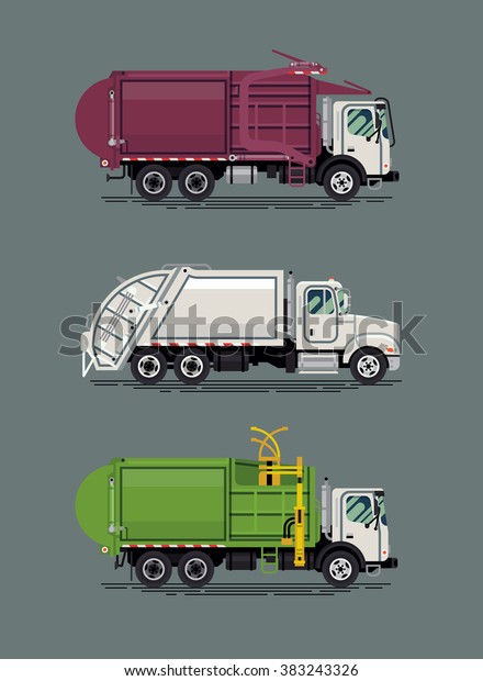 Cool set of vector\
flat design garbage trucks. Front, side and rear loader heavy waste\
trucks isolated