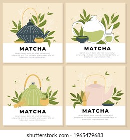 Cool set of  vector illustration templates with teapot and matcha accessories.  Hand drawn tea ceremony cards isolated on background  