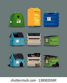 Cool Set Of Vector Items On City Waste Collection Service. Dumpster And Recycling Containers Filled And Empty, Flat Design Isolated