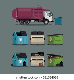 Cool Set Of Vector Items On City Waste Collection Service.  Trash Truck With Dumpster Containers Filled And Empty, Isolated. Urban Sanitary Vehicle Garbage Front Loader Truck