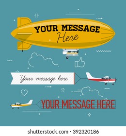 Cool set of vector planes pulling banners and helium ad blimp airship. Modern flat concept design on flying advertising banners and blimps. Ideal for web banners and printable materials