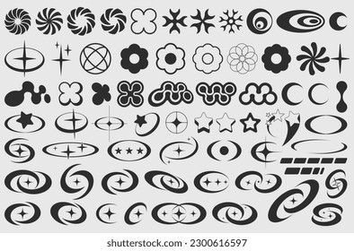 Cool Set Of Y2K Shapes Vector Design. Modern Geometric Signs Collection. Pack Of Abstract Figures. Rave Acid Graphic. Streetwear Elelements.