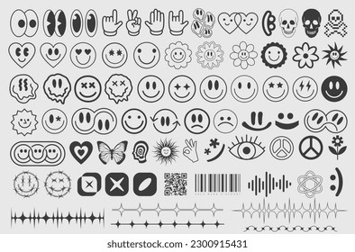 Cool Set Of Y2K Shapes Vector Design. Modern Geometric Signs Collection. Pack Of Abstract Figures. Rave Acid Graphic. Streetwear Elelements.