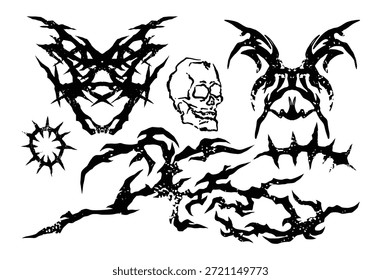 Conjunto fresco de Y2k tatuaje. Cyber Sigilism Grunge Diseños de tatuaje. Y2k, Tatuajes neo tribales dibujados a mano