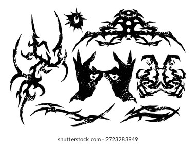 Conjunto fresco de Y2k tatuaje. Cyber Sigilism Grunge Diseños de tatuaje. Y2k, Tatuajes neo tribales dibujados a mano