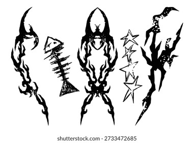 Cool Set of Y2k Tattoo. Cyber Sigilism Grunge Tattoo Designs. Y2k, Hand Drawn neo tribal Tattoos