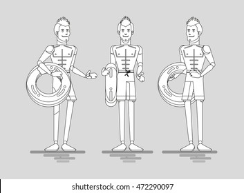 Cool set of young people character Ã¢?? male summer beach resort characters. Beach boy in different views. Beach vacation sport man posing