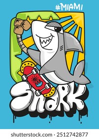 Cool shark boy cartoon skateboarding in miami isolated on blue background illustration vector, T-shirt design for print.