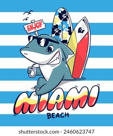 Cool shark cartoon with surfboard on miami beach slogan vector illustration.