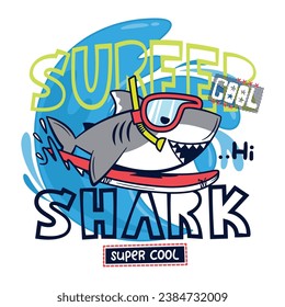 Cool shark cartoon surfing on a big wave with red surfboard isolated on white background illustration vector, Graphic t-shirts for kids.