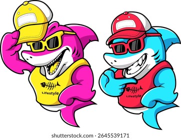Cool Shark Duo Lifestyle Mascot