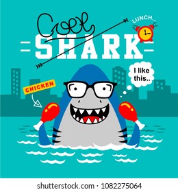 cool shark is eating chicken,animal cartoon,vector illustration