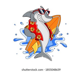 Cool shark in hawaiian shirt with surfing board and water splashes.