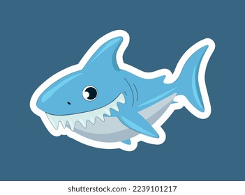 Cool shark icon. Sticker for social networks and reaction for messengers. Representative of underwater world, fish with large teeth and fin. Dangerous predator. Cartoon flat vector illustration