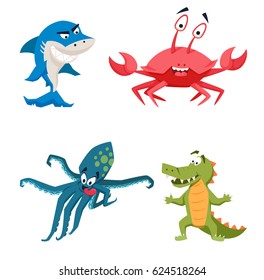 Cool shark, octopus, crocodile, crab. Funny monster print. Cute vector illustration. Comic sea characters. 