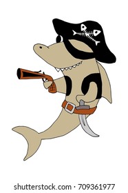 Cool shark pirate with gun. Vector cartoon illustration, flat design.
