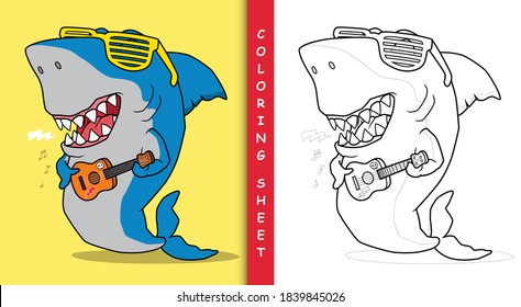 Cool shark playing guitar. Coloring sheet.