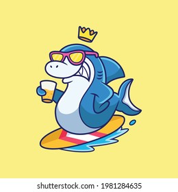 Cool Shark Playing Surfing with Orange Juice Cartoon. Animal Vector Icon Illustration, Isolated on Premium Vector