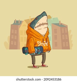 Cool shark skateboarder, vector illustration. Calm trendy dressed anthropomorphic shark, holding a skateboard and standing still against town buildings. Animal character with human body. Furry art