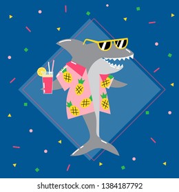 Cool shark in sunglasses with a cocktail drink. Summer vector illustration