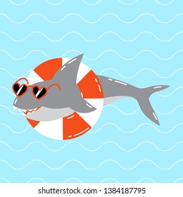 Cool shark in sunglasses with swim ring. Summer vector illustration