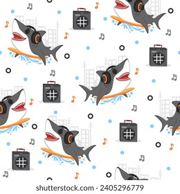Cool Shark Surfing Cartoon Vector Pattern Designs.