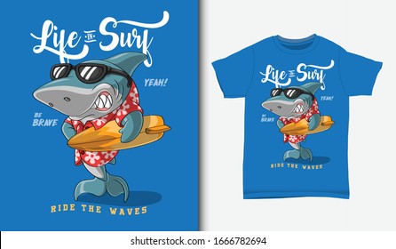 Cool shark surfing illustration with t-shirt design, Hand drawn