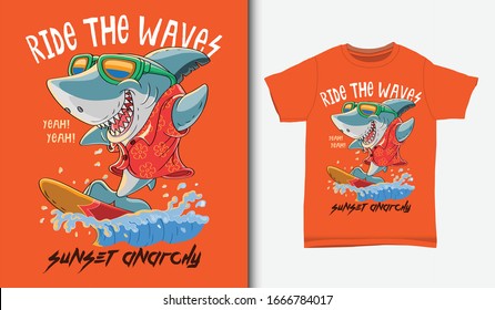 Cool shark surfing illustration with t-shirt design, Hand drawn