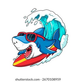 Cool Shark Surfing Ocean Waves Mascota de dibujos animados