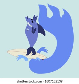 cool shark surfing on the flame-like wave 