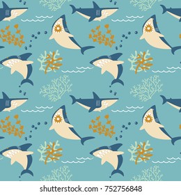 Cool sharks and seaweeds seamless pattern. Marine wildlife vector flat style wallpaper. Underwater character background. 