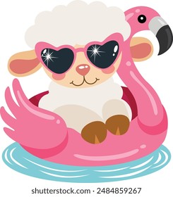 Cool sheep on pink flamingo inflatable pool float