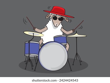 Una oveja fría está tocando los tambores. Con gafas negras. Formato vectorial.