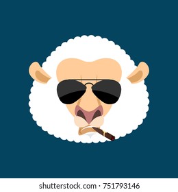 Cool Sheep serious avatar of emotions. Ewe smoking cigar emoji. Farm animal strict. Vector illustration
