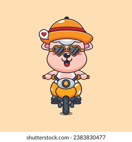 Cool sheep with sunglasses riding a motorcycle in summer day. Cute summer cartoon illustration. 