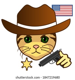 cool sheriff cat in a hat holds a gun in his hand, American flag is stuck nearby in the lawn, vector clip art on white isolated background