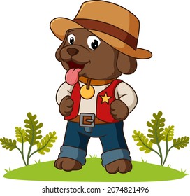 The cool sheriff dog ia is standing the garden of illustration