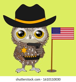 a cool sheriff owl in a black hat and cartridge belt stands and holds a gun in his hand, and an American flag is stuck nearby in the lawn